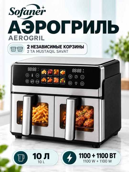 Aerogril SOFANER  6-10 l, yog‘siz qovurish, 1100-1400 Vt quvvatli, ko‘p funksiyali - 