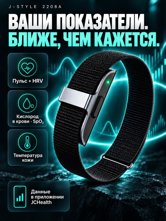 Фитнес-браслет J-Style 2208A: пульс, SpO2, HRV, сон, 18 спорт-режимов, IP68