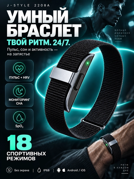 Fitnes braslet J-Style 2208A: puls, SpO2, HRV, uyqu, 18 sport rejimi, IP68 - 