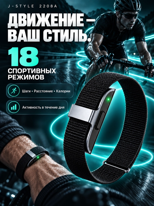 Фитнес-браслет J-Style 2208A: пульс, SpO2, HRV, сон, 18 спорт-режимов, IP68