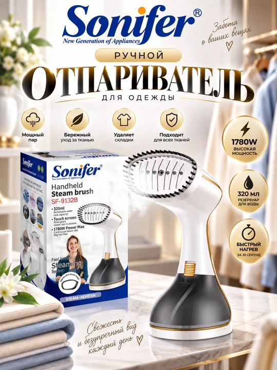 Ручной отпариватель Sonifer SF-9132B, белый, 1500Вт, съемный резервуар, защита от накипи - 