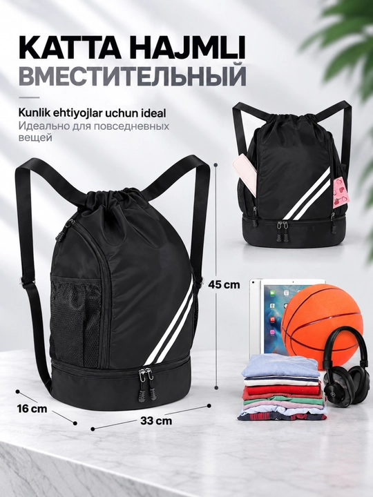 Universal ryukzak-sumka, sig‘imli, poyabzal uchun bo‘linmali, suvga chidamli