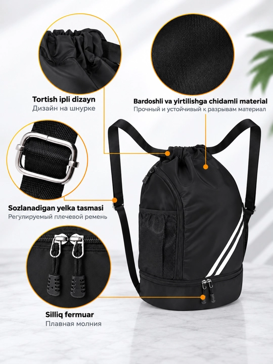 Universal ryukzak-sumka, sig‘imli, poyabzal uchun bo‘linmali, suvga chidamli