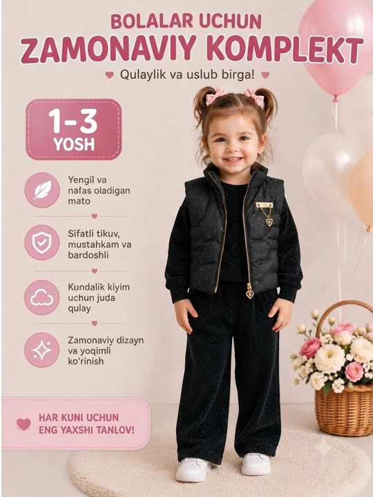 1-3 yoshli qiz bola uchun chiroyli kiyim to‘plami - kurtka, bluzka va shim