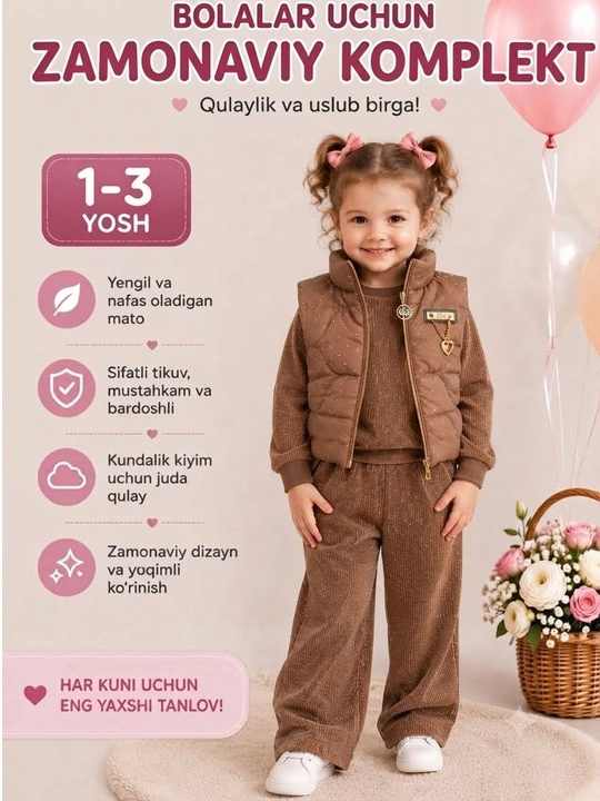 1-3 yoshli qiz bola uchun chiroyli kiyim to‘plami - kurtka, bluzka va shim