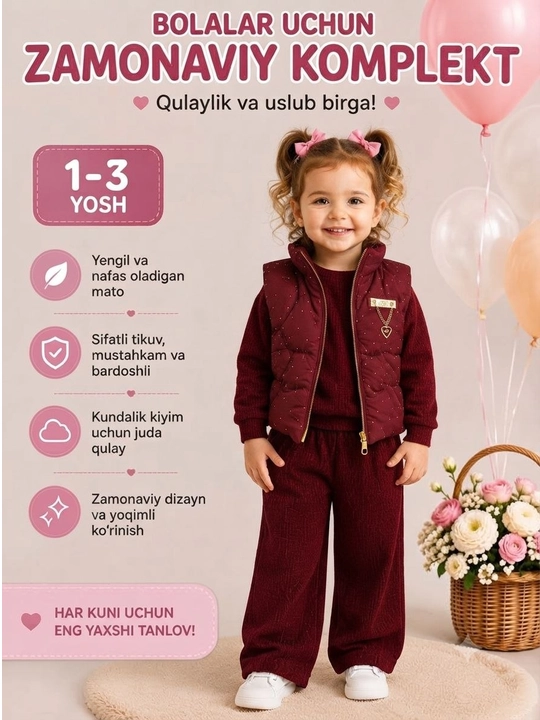Красивый комплект одежды для девочки 1-3 лет – куртка, блузка и брюки