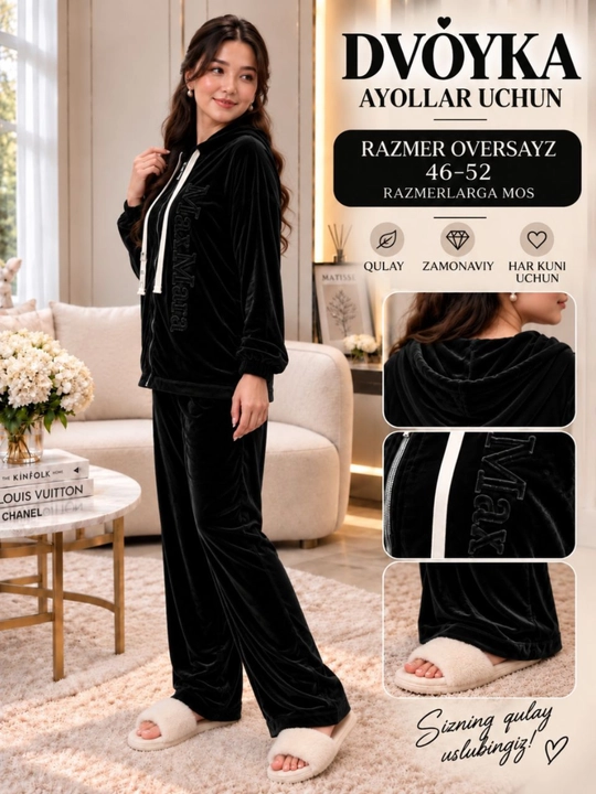 Ayollar villur kostyumi oversize 46-52 yumshoq villur hudili fermuarli 2 qismli kostyum