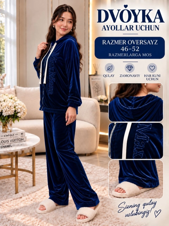 Ayollar villur kostyumi oversize 46-52 yumshoq villur hudili fermuarli 2 qismli kostyum