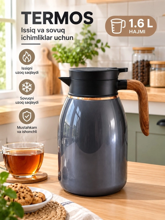 Termos choynak 1,6 l — issiq ichimliklar uchun, qulay dastakli, sifatli termos - 