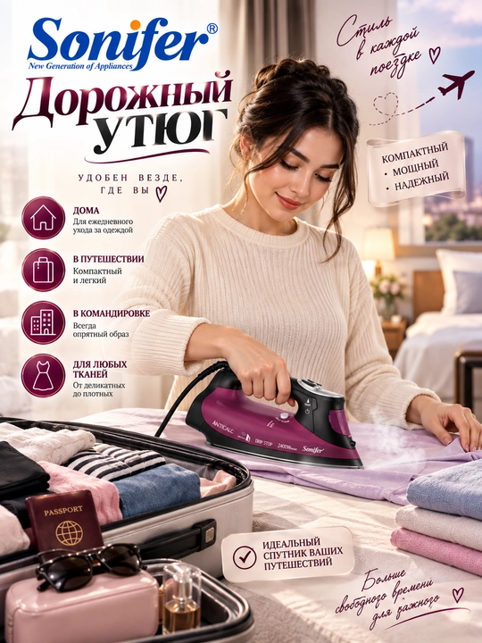 Sonifer SF-9029 LCD displeyli, 2400 Vt quvvatli, keramik taglikli elektr bug‘ dazmoli