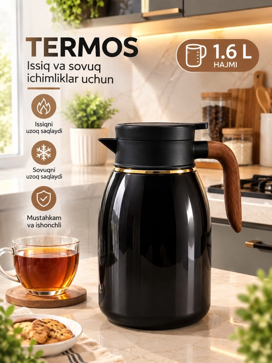 Termos choynak 1,6 l — issiq ichimliklar uchun, qulay dastakli, sifatli termos