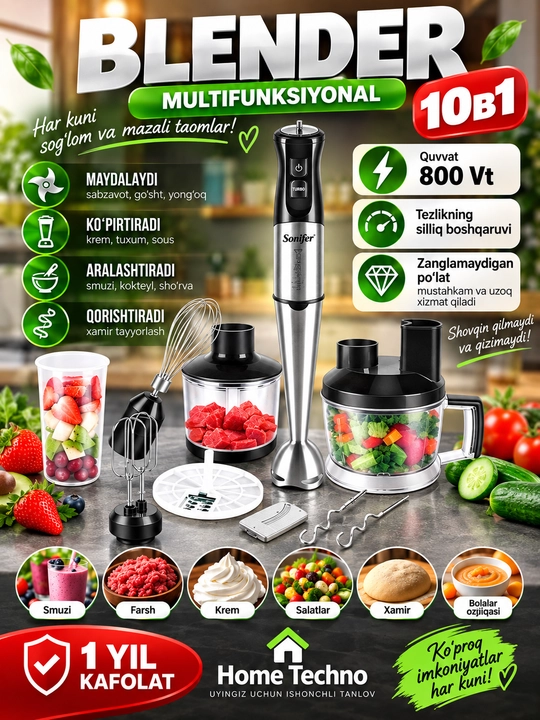 Blender, 10 tasi 1 da, ko'p funksiyali blender, Sonifer SF-8086, maydalagich - 