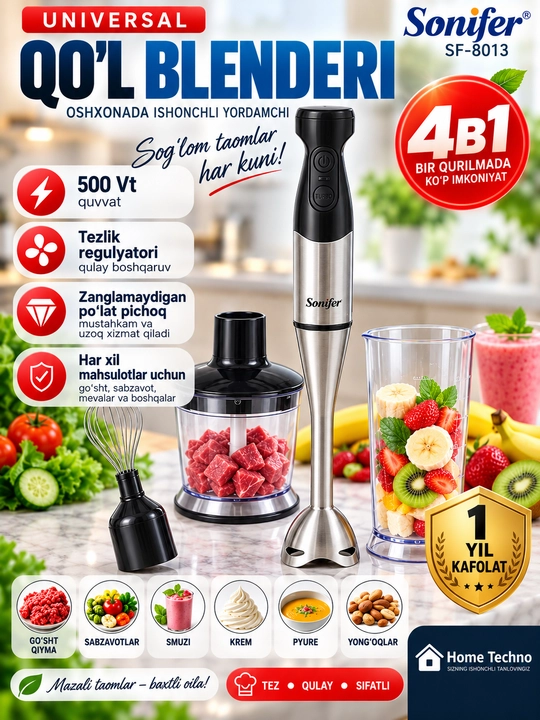 Qo'l blenderi Sonifer SF-8013 maydalagich, mikser, 4 tasi 1 da - 