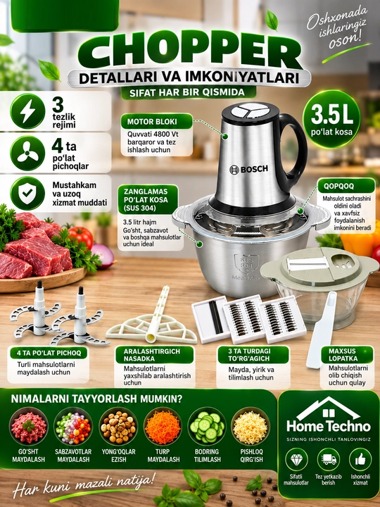 5 x 1, 3.5 litrli chopper-maydalagich, elektr va qo‘l bilan boshqariladigan, qirg‘ichli