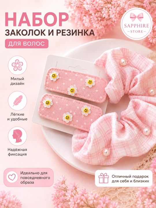 Набор заколок и резинка для волос — 2 заколки + 1 резинка - 
