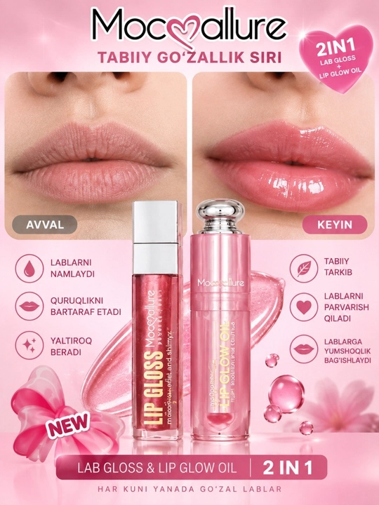 Lablar uchun namlantiruvchi lip oil va lip gloss to‘plami