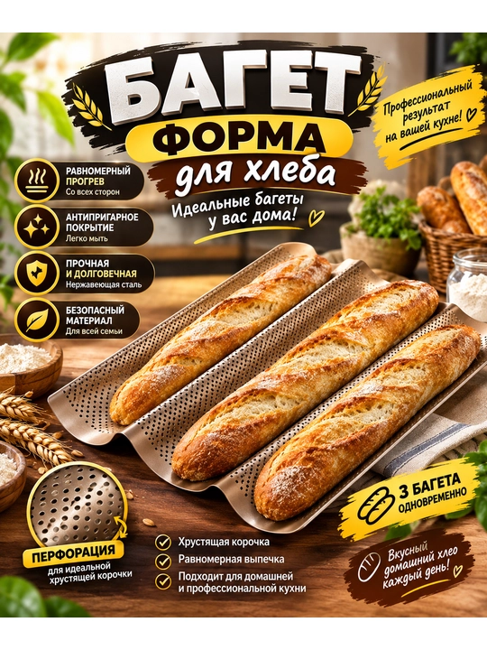 Багетний  форма для хлеба с антипригарным покрытием , для идеально хрустящего хлеба - 