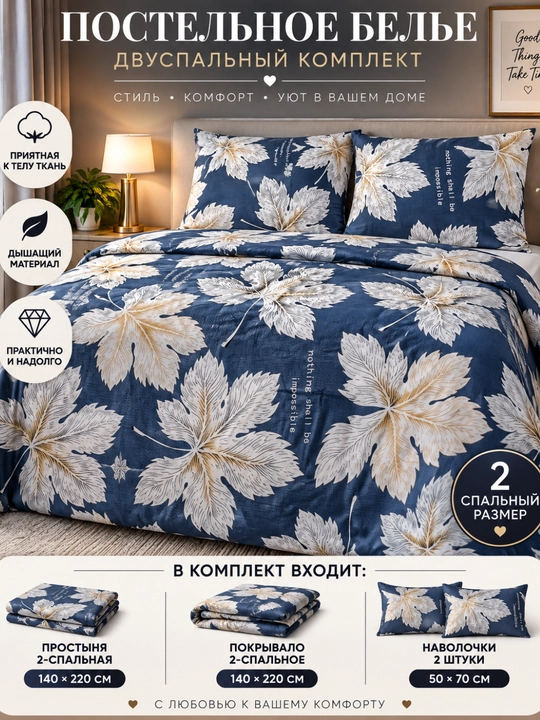 1 va 2 kishilik yostiq jild (50×70 sm), ko'rpa jild, choyshab (220×230 sm) yotoq to'plami - 