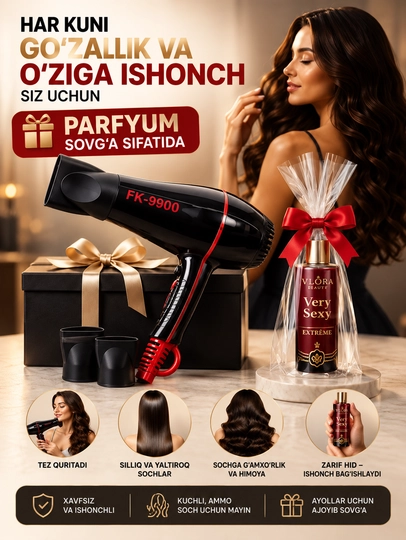 Soch quritish va turmaklash uchun professional fen + sovg‘aga atir, ayollar uchun - 
