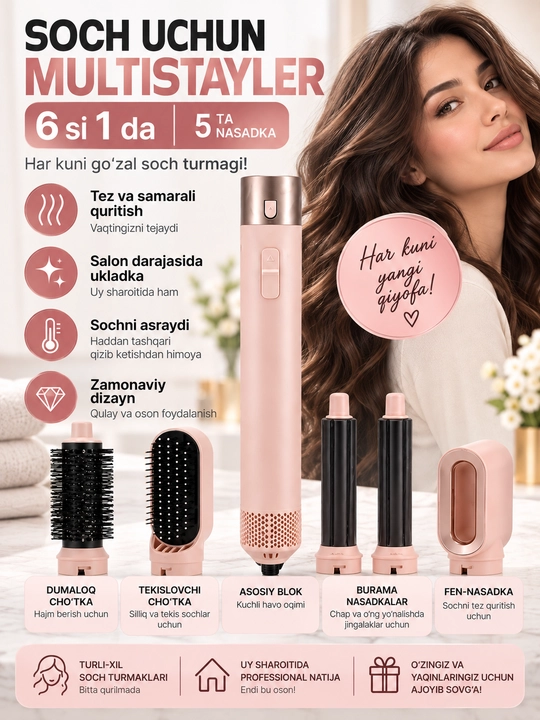 JRM Styler 6 tasi 1 da, soch turmaklagich, fen-stayler, 5 ta nasadka