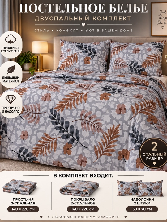 1 va 2 kishilik yostiq jild (50×70 sm), ko'rpa jild, choyshab (220×230 sm) yotoq to'plami - 