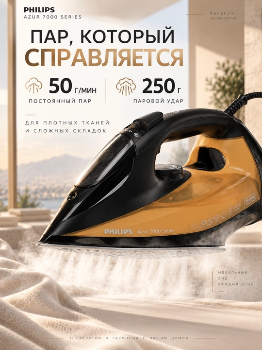 Philips Azur 7000 DST7040 bug‘li dazmol, 2800 Vt, 250 g bug‘ zarbasi, SteamGlide Elite