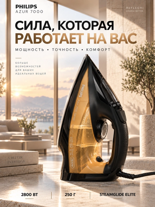 Philips Azur 7000 DST7040 bug‘li dazmol, 2800 Vt, 250 g bug‘ zarbasi, SteamGlide Elite