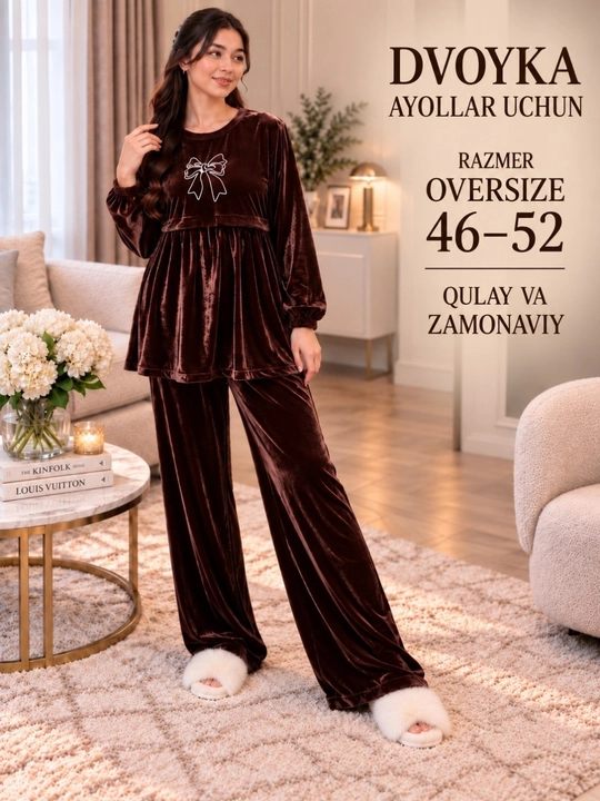 Ayollar uchun velur kostyum-dvoyka, yumshoq uy kostyumi, oversize 46–52