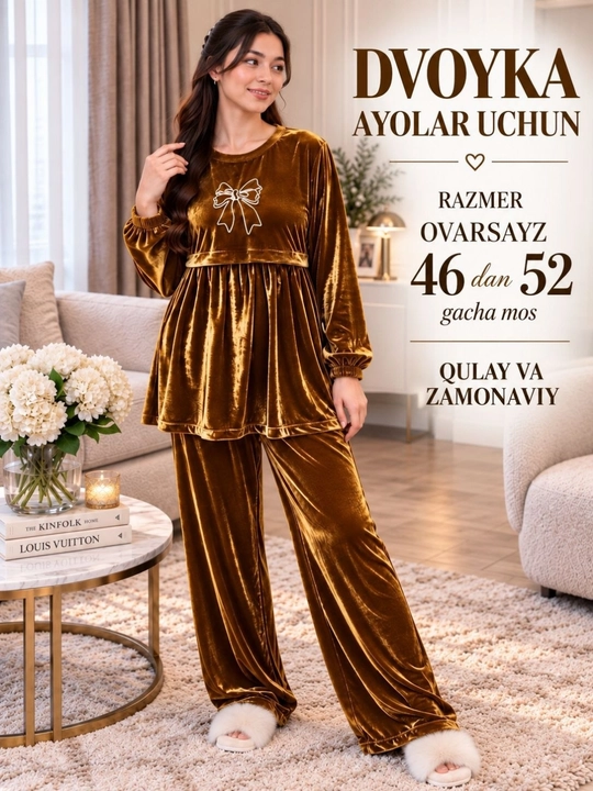 Ayollar uchun velur kostyum-dvoyka, yumshoq uy kostyumi, oversize 46–52
