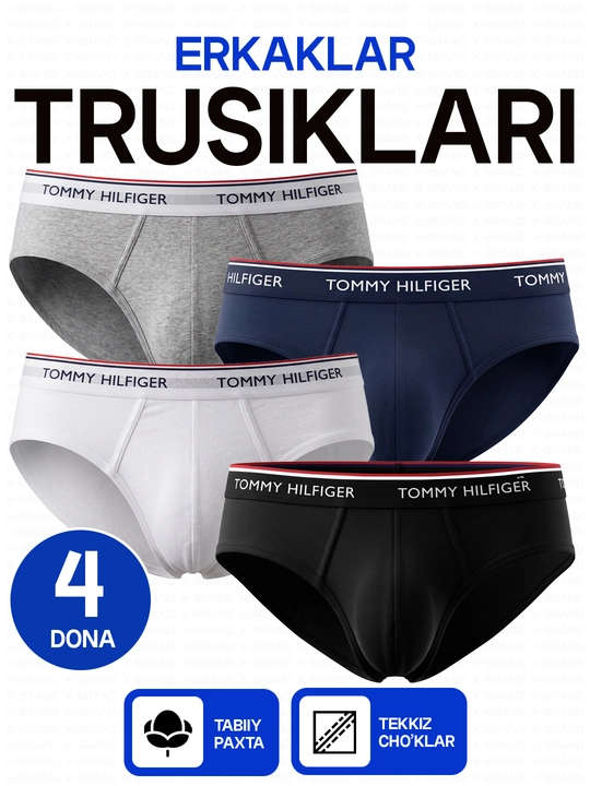 Slip erkaklar trusiklari, 4 dona va 1 dona to‘plam, uchburchakli trusiklar, 93% paxtadan, sovg‘a qutisida - 