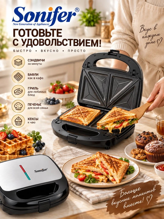 Sonifer 5-in-1 ko'p funksiyali vafli pishirgich, toster va sendvich pishirgich