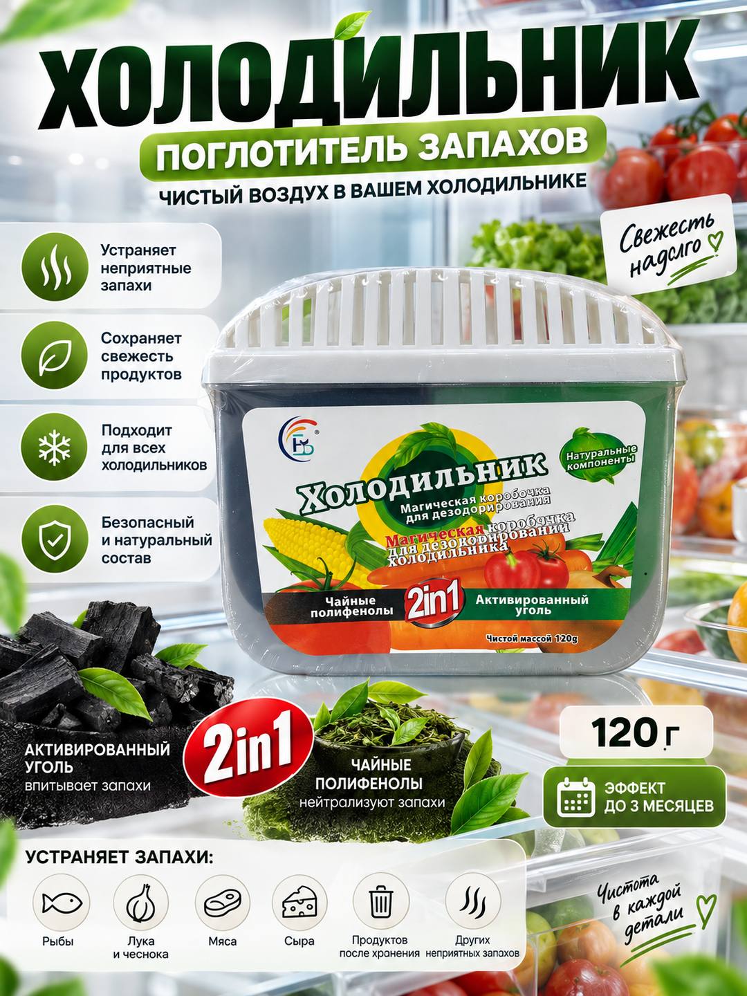 Освежитель воздуха для холодильника, устройство для поглощения запахов - 