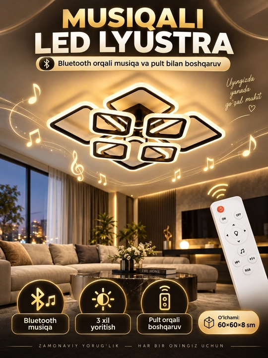 LED-люстра музыкальная с Bluetooth и пультом 3 режима 110 Вт