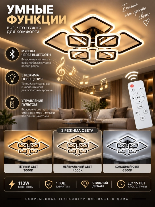 LED-люстра музыкальная с Bluetooth и пультом 3 режима 110 Вт