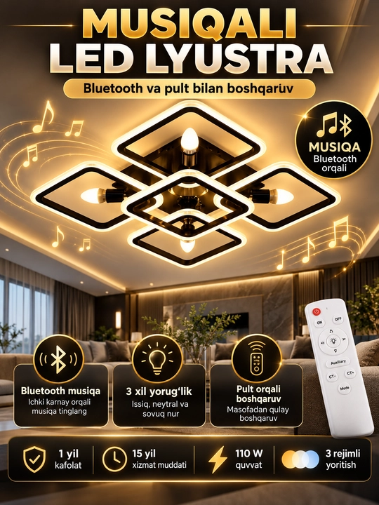 LED lyustra musiqali Bluetooth va pultli 3 rejimli 110 W