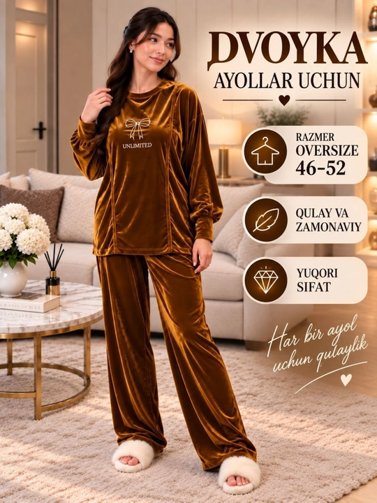 Ayollar uchun velur kostyum-dvoyka, yumshoq uy to‘plami, oversize 46–52