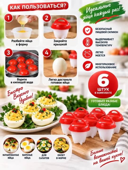 Силиконовые формы для варки яиц, 6 штук