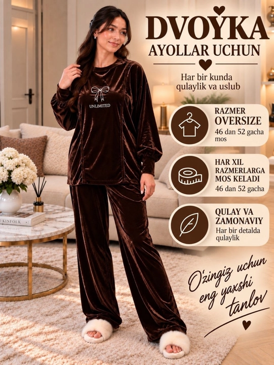 Ayollar uchun velur kostyum-dvoyka, yumshoq uy to‘plami, oversize 46–52