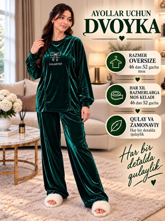 Ayollar uchun velur kostyum-dvoyka, yumshoq uy to‘plami, oversize 46–52