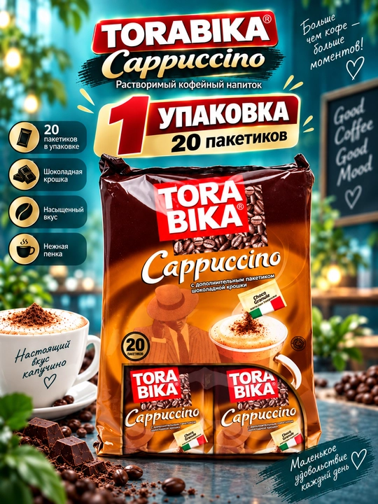 TORABIKA Cappuccino с шоколадной крошкой, растворимый кофейный напиток, 20 пакетиков - 