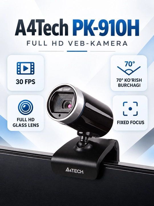A4Tech PK-910H — Full HD 1080p veb-kamera, 30 FPS, mikrofon, 70°, USB - 