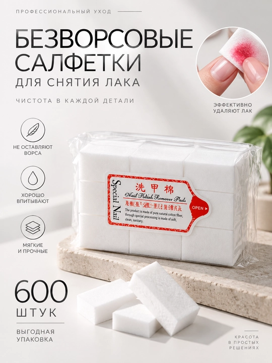 Безворсовые салфетки для маникюра 600 шт, мягкие и прочные, для ногтей - 