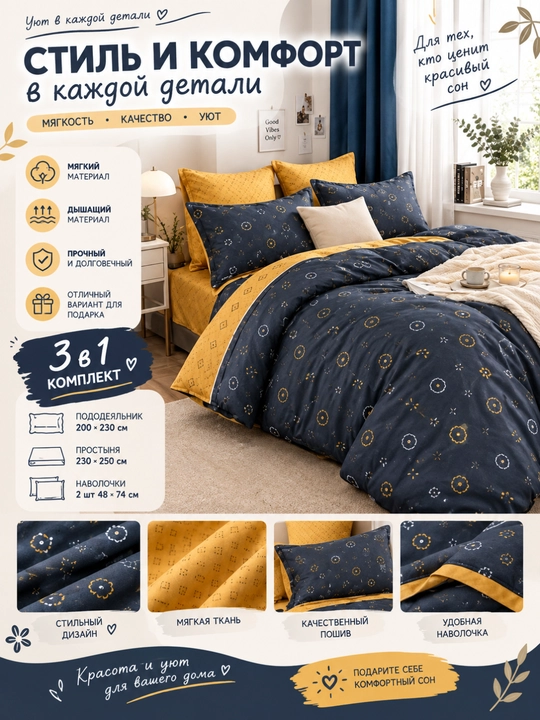 Choyshab va yostiq jildi to‘plami, ikki kishilik 220*230, yostiq jildi 48x74 - 