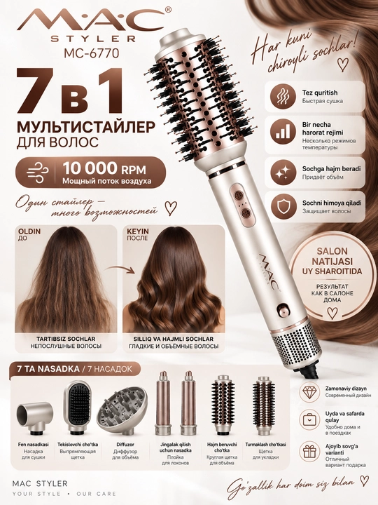 MAC Styler MC-6770 7 tasi 1 da soch turmaklagich, fen-stayler, 7 ta nasadka