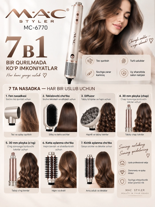 MAC Styler MC-6770 7 tasi 1 da soch turmaklagich, fen-stayler, 7 ta nasadka
