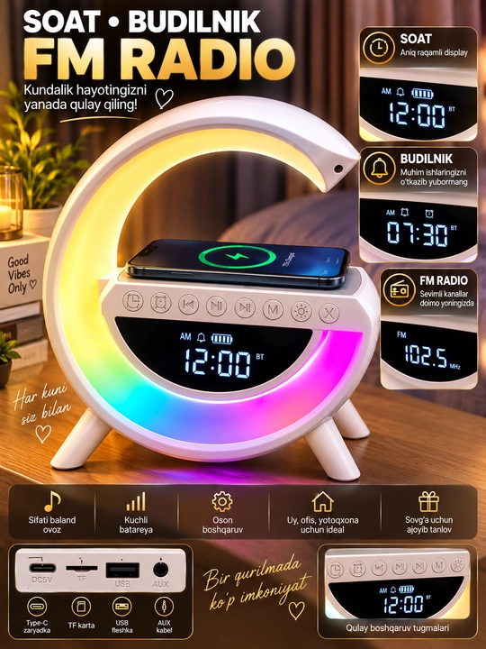 Смарт LED лампа BT-3401, Bluetooth колонка, беспроводная зарядка, часы, будильник, FM