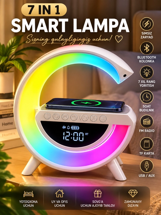 Смарт LED лампа BT-3401, Bluetooth колонка, беспроводная зарядка, часы, будильник, FM