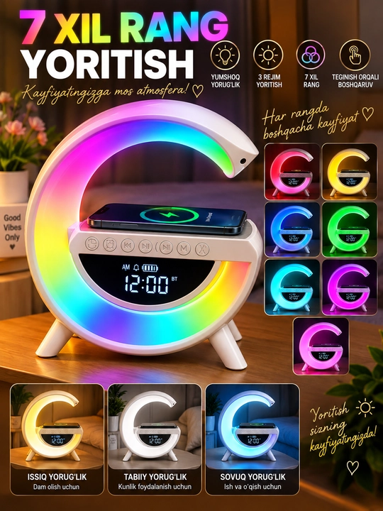 Смарт LED лампа BT-3401, Bluetooth колонка, беспроводная зарядка, часы, будильник, FM