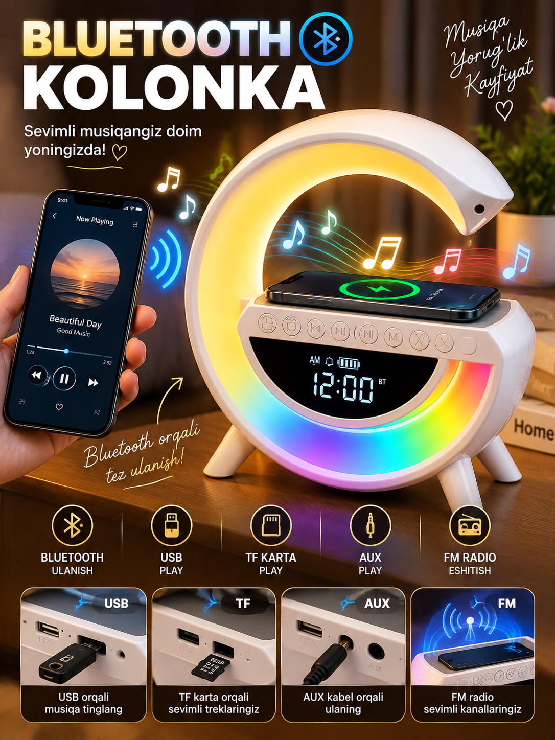 Smart LED lampa BT-3401, Bluetooth kolonka, simsiz zaryad, soat budilnik, FM radio - 