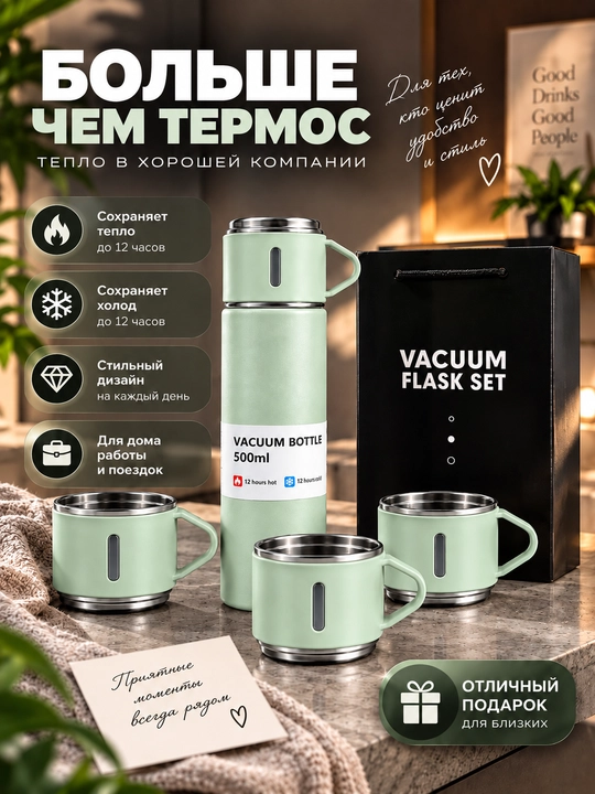 Термос-термокружка для напитков, подарочный набор с 3 чашками, 500 мл